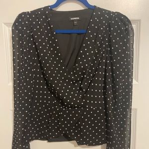 Express Dot Print Faux Wrap Front Peplum Top - S